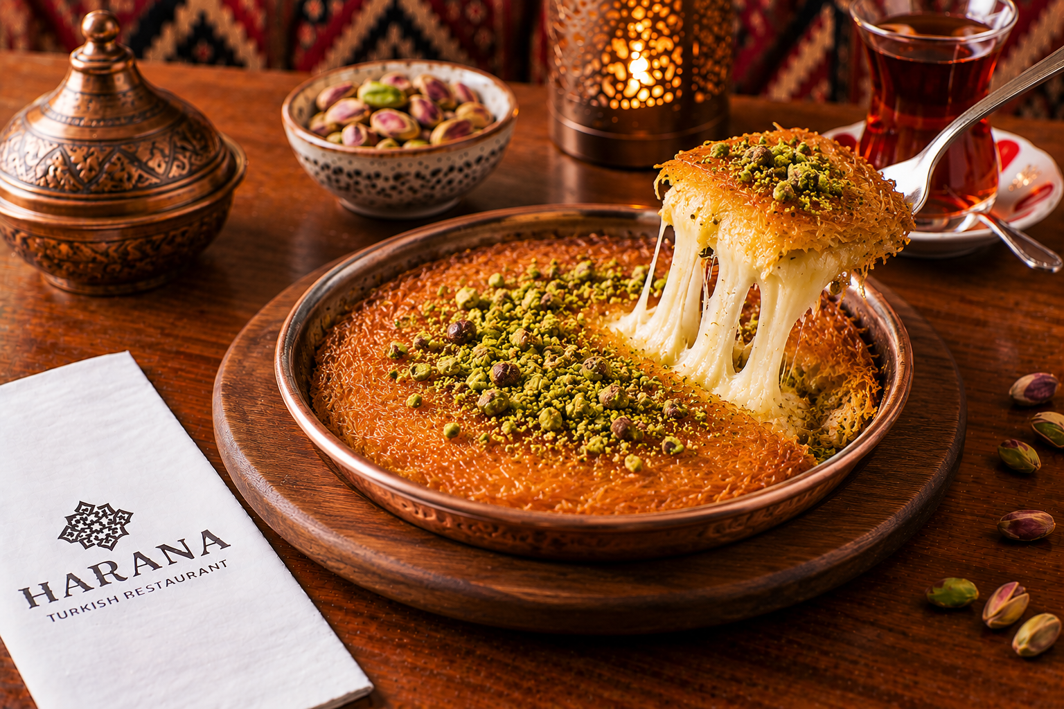 Traditional Turkish kunefe with melted cheese, syrup and pistachios