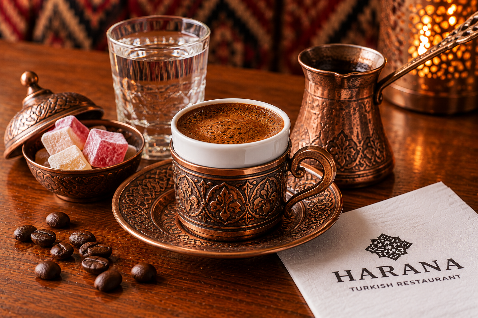 Traditional Turkish coffee served with Turkish delight and a glass of water
