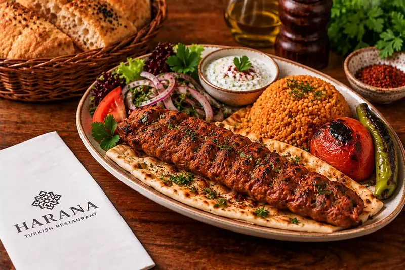 Adana kebab served with bulgur, grilled tomato, green pepper, onion salad and yoghurt