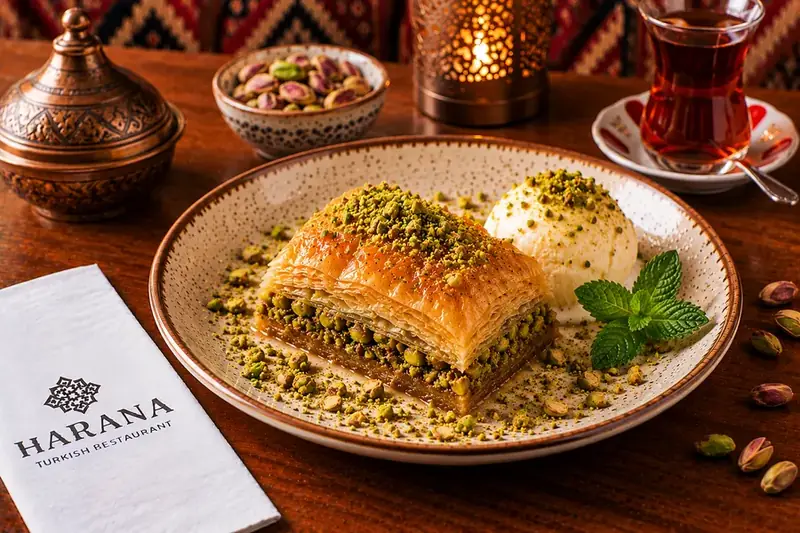 Traditional Turkish baklava with pistachios served with vanilla ice cream