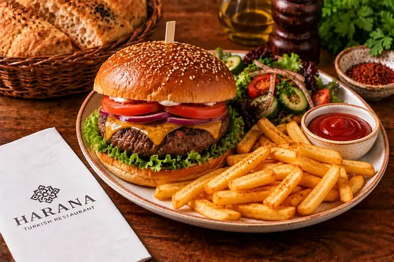 Homemade beef burger served with chips and fresh salad