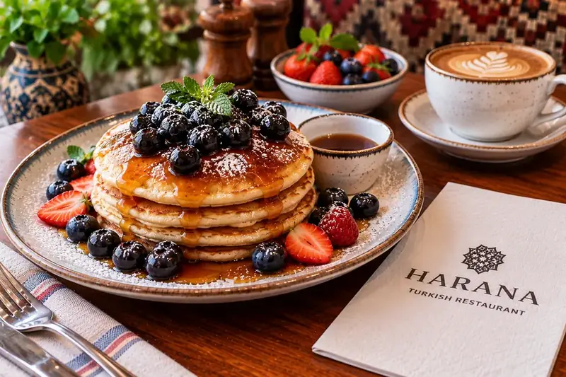 Blueberry pancakes served with maple syrup and fresh berries