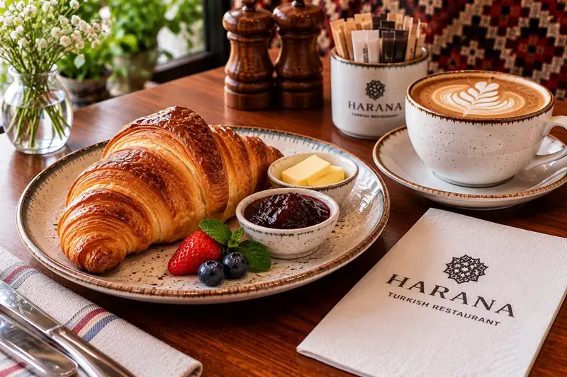 Butter croissant served with coffee, butter and fruit preserve