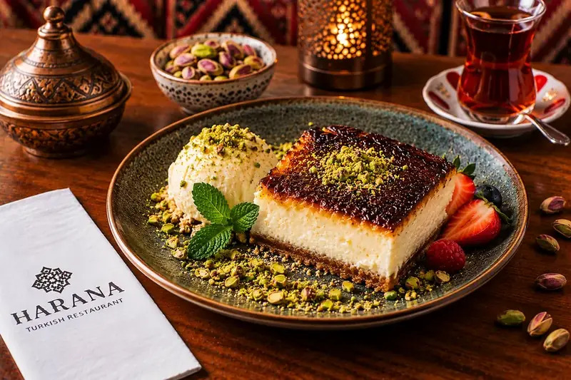 Strawberry cheesecake served with vanilla ice cream, pistachios and fresh berries