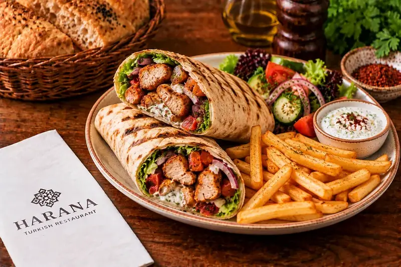 Chicken shish wrap served with chips, fresh salad and yoghurt dip