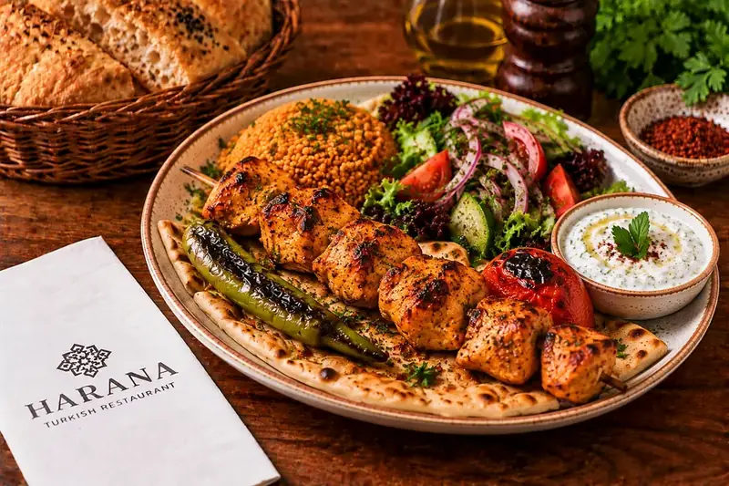 Charcoal grilled chicken shish served with bulgur, salad, grilled tomato, green pepper and yoghurt