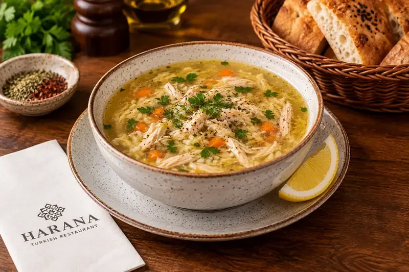 Chicken soup with shredded chicken, herbs, vegetables and lemon