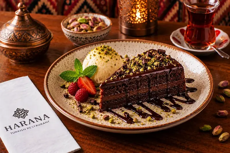 Chocolate truffle torte served with vanilla ice cream, pistachios and fresh berries