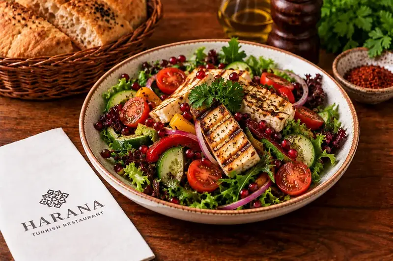 Halloumi salad with grilled halloumi, tomatoes, cucumber, red onion and fresh greens