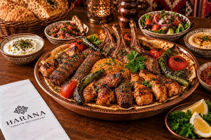 Harana Ottoman feast sharing platter with grilled lamb, chicken, kebabs, bulgur, salad and Turkish mezes