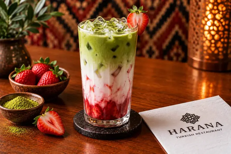 Iced strawberry matcha with strawberry, milk, matcha and ice
