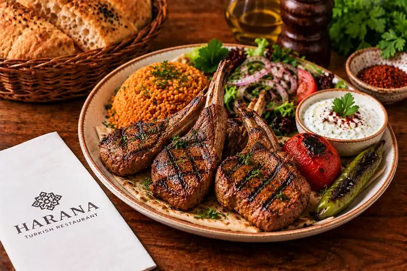 Charcoal grilled lamb chops served with bulgur, salad, grilled tomato, green pepper and yoghurt