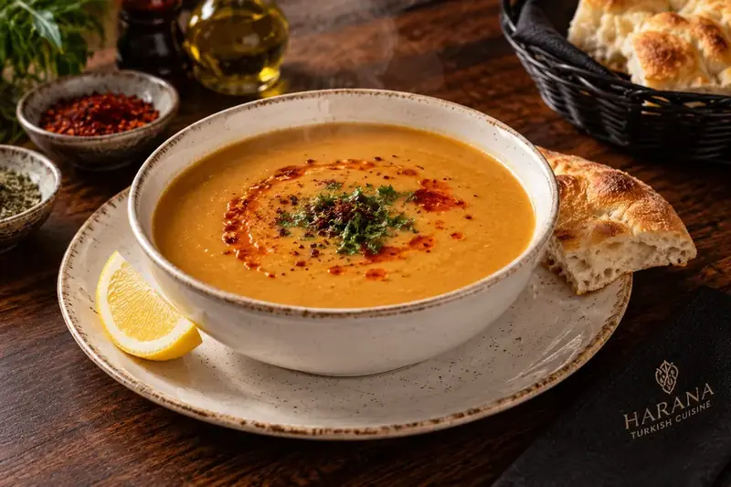 Turkish lentil soup served with lemon and bread