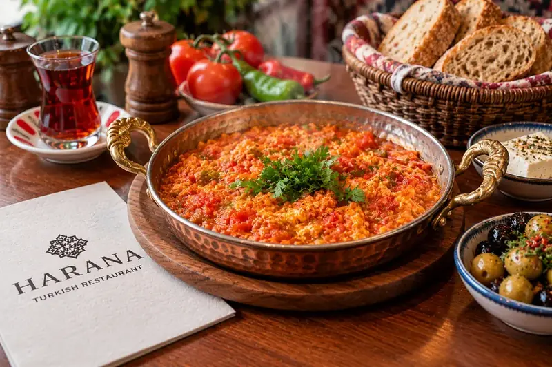 Traditional Turkish menemen with eggs, tomatoes and peppers