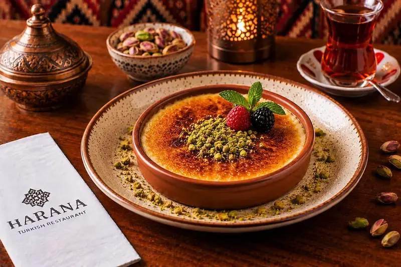 Traditional Turkish rice pudding with a caramelised top, pistachios and fresh berries