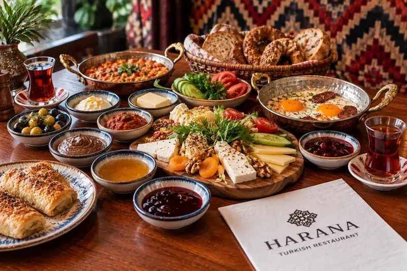 Traditional Turkish breakfast for two with cheeses, olives, eggs, menemen, simit, bread, preserves and Turkish tea