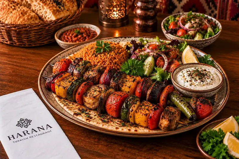Grilled vegetable kebab served with bulgur, fresh salad, yoghurt and grilled vegetables